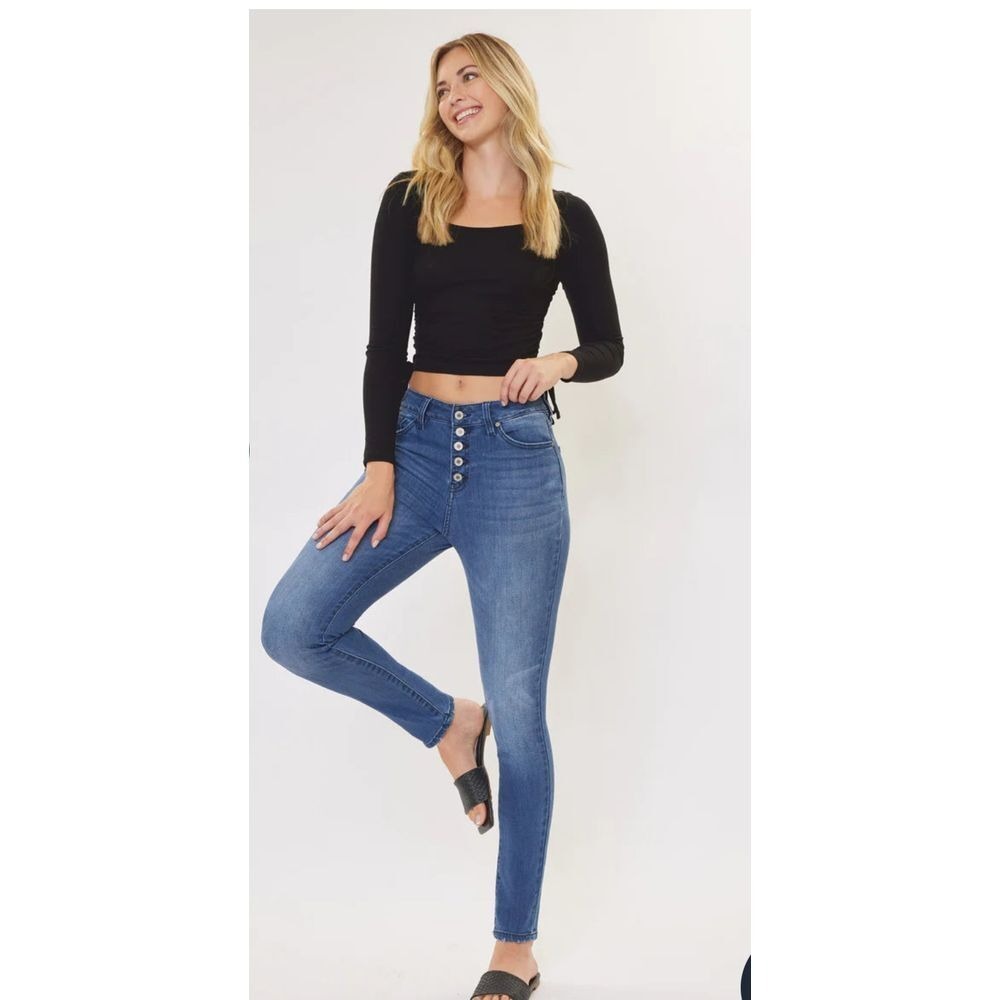 Kancan Curvy High Rise Button Fly Skinny Jeans‎ Medium Wash Denim Size 3/25